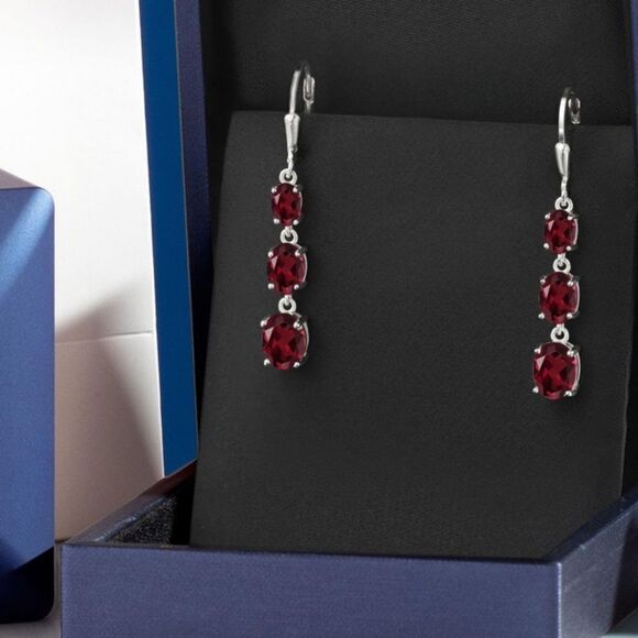 925 Sterling Silver with 5.50 Cttw 3 Stone Rhodolite Garnet Leverback Earrings - Picture 4 of 5
